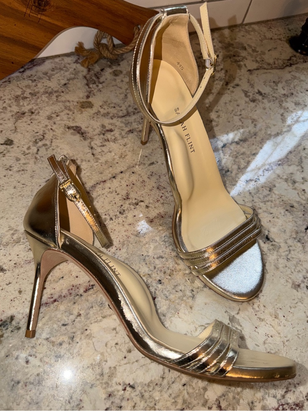 Sarah Flint $495 Perfect Sandal 85 Gold Nappa Stiletto IT 41.5 US 10.5 EUC